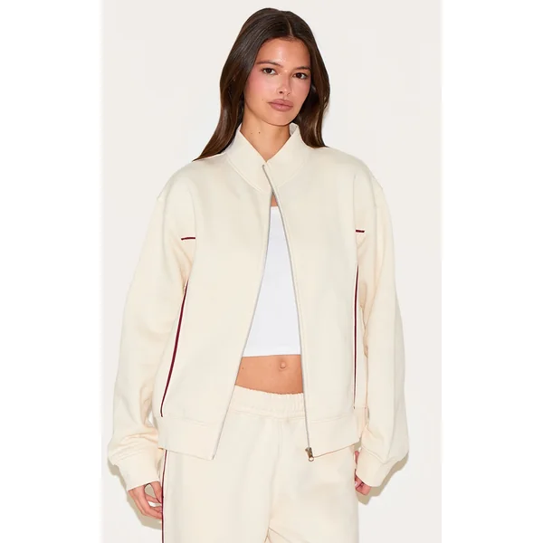 Cream Contrast Seam Zip Through Sweatshirt