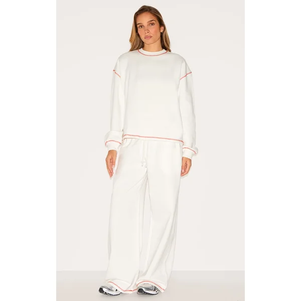 Cream Contrast Stitch Loopback Wide Leg Sweatpants