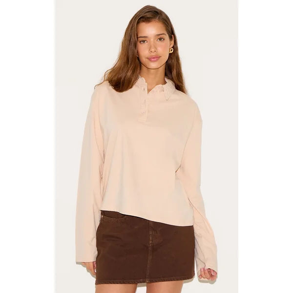Cream Cotton Collar Detail Long Sleeve Top