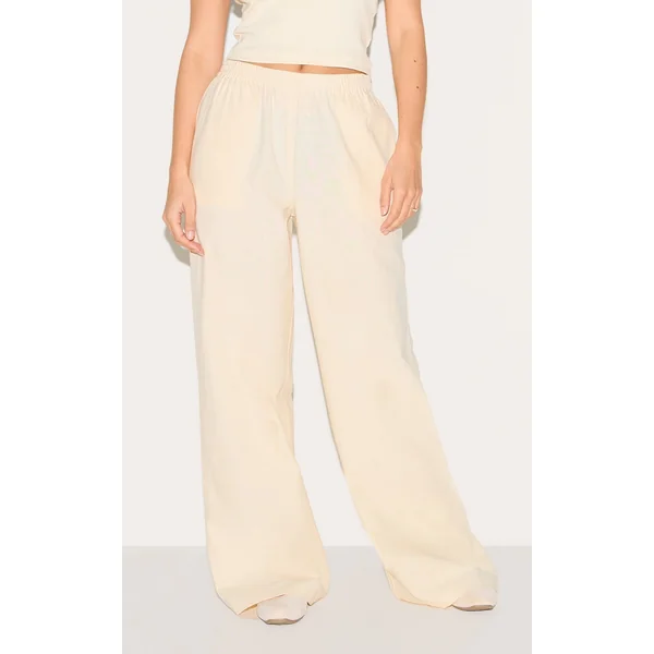 Cream Cotton Linen Look Elasticated Waist Straight Leg Pants