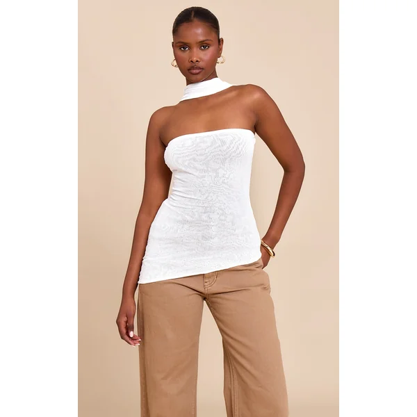 Cream Crinkle Mesh Scarf Detail Asymmetric Long Top