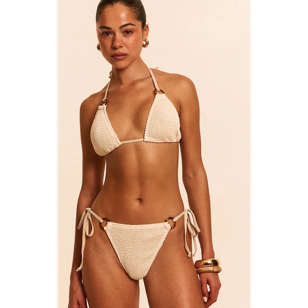 Cream Crinkle O Ring Triangle Bikini Top
