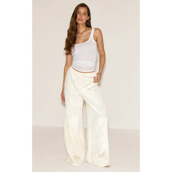 Cream Crinkle Satin Drawstring Low Rise Pant