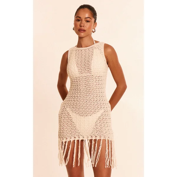 Cream Crochet Boat Neck Tassel Mini Dress