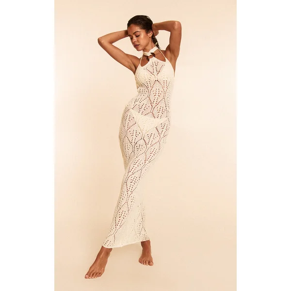 Cream Crochet Halter Neck Maxi Beach Dress