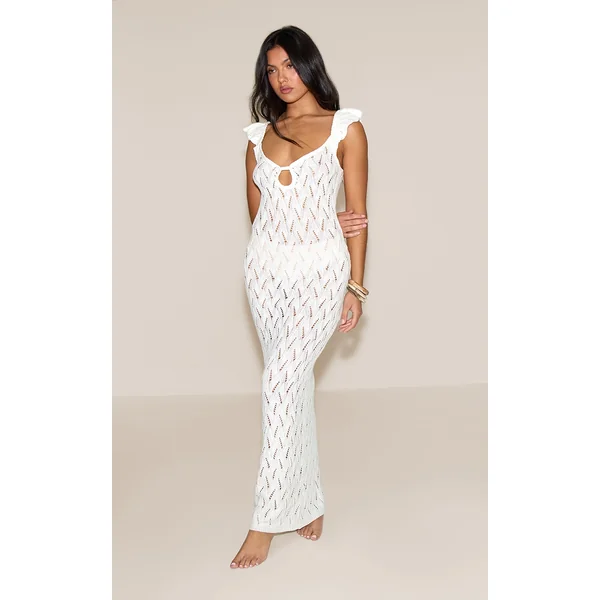 Cream Crochet Knit Frill Sleeve Maxi Dress