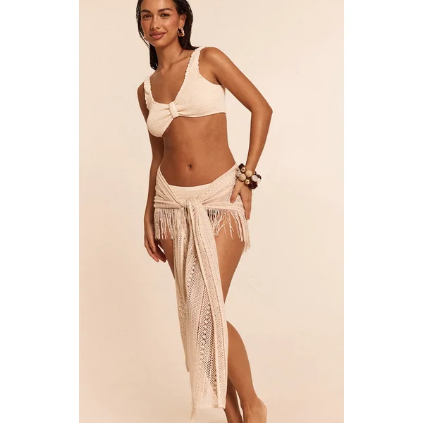 Cream Crochet Pearl Tassel Trim Beach Sarong