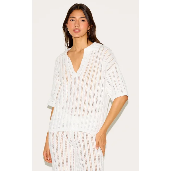 Cream Crochet Rugby Knit Top