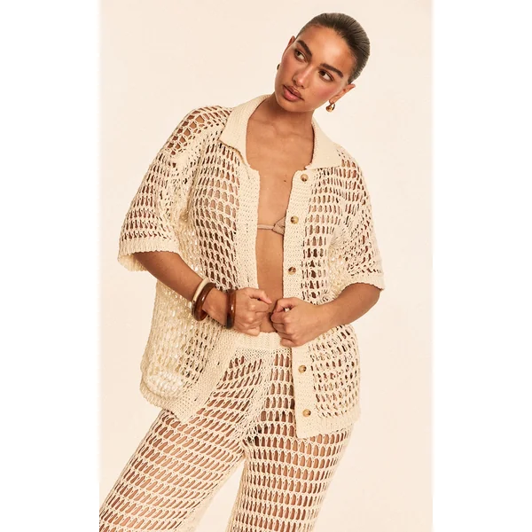 Cream Crochet Short Sleeve Beach Shirt