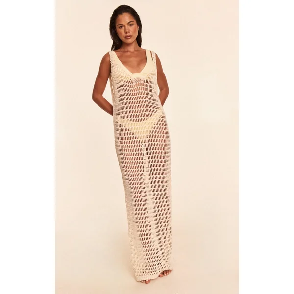 Cream Crochet Sleeveless Maxi Beach Dress