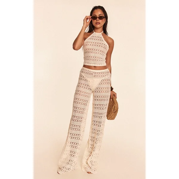 Cream Crochet Wide Leg Pant Beach Set