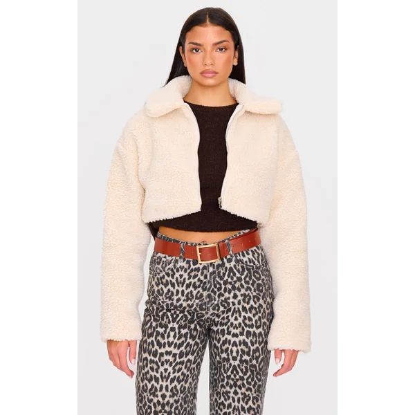 Cream Cropped Borg Zip Up Jacket