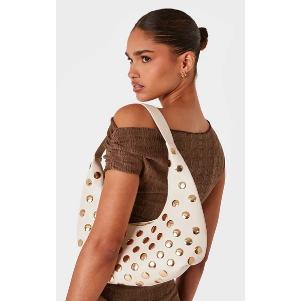 Cream Curved Studded Shoulder Bag