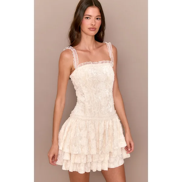 Cream Devore Lace Bardot Bodycon Dress