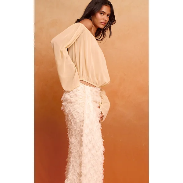 Cream Distressed Woven Dip Waist Maxi Skirt