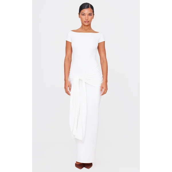 Cream Double Contour Boat Neck Wrap Maxi Dress