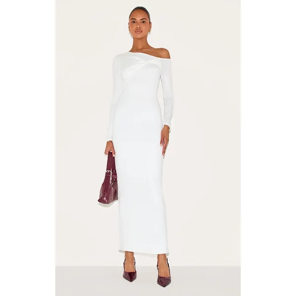 Cream Double Contour Twist Detail Long Sleeve Maxi Dress