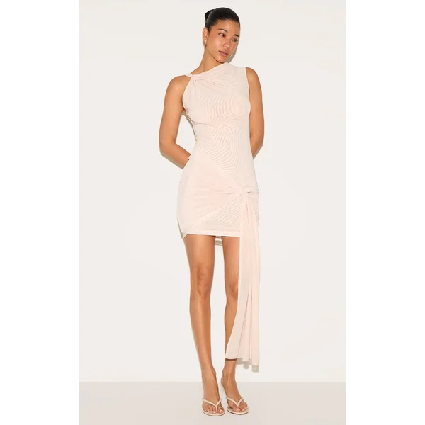 Cream Double Layer Mesh Twist Detail Mini Dress