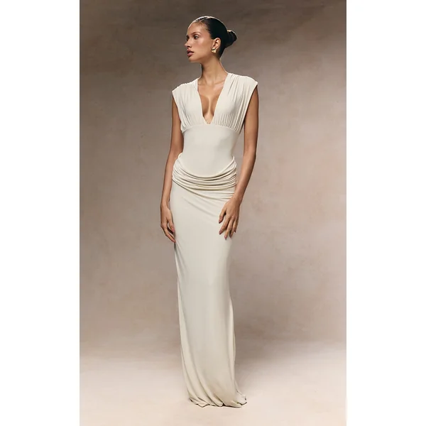 Cream Double Layer Plunge Ruched Shoulder Drape Waist Maxi Dress