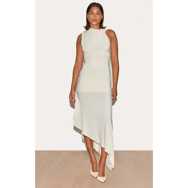 Cream Double Layer Slinky Asymmetrical Ruched Midaxi Dress