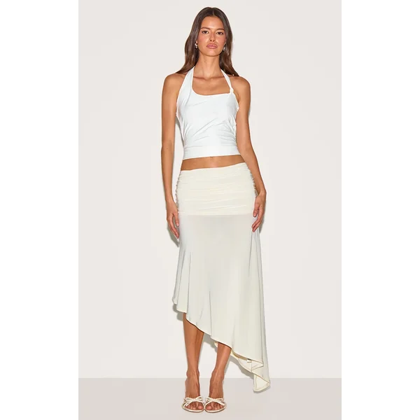 Cream Double Layer Slinky Asymmetrical Ruched Midaxi Skirt