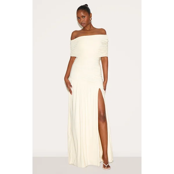 Cream Double Layer Slinky Bardot One Shoulder Ruched Maxi Dress