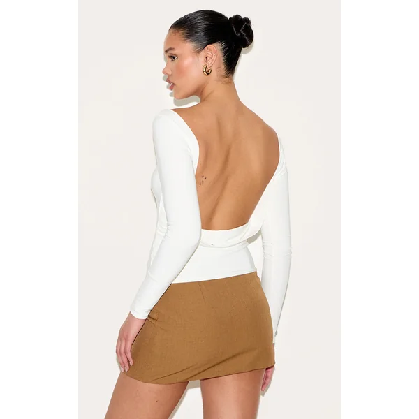 Cream Double Layer Slinky Cowl Back Long Sleeve Top