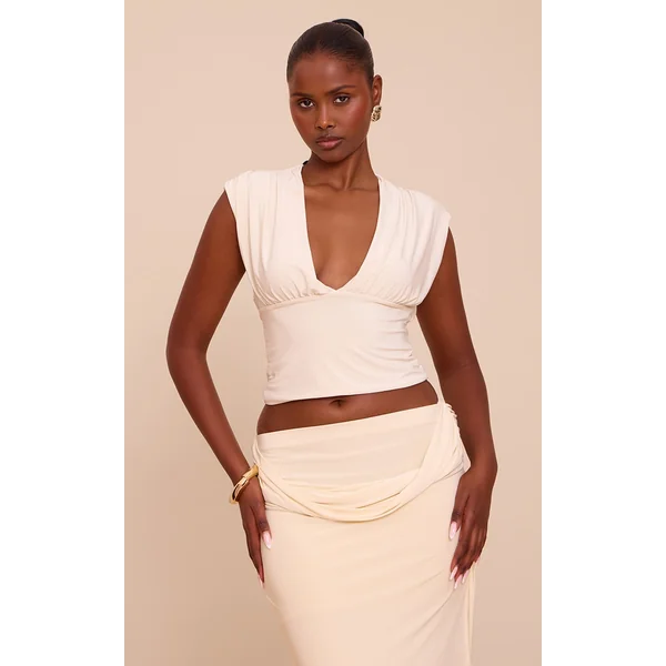 Cream Double Layer Slinky Drape Plunge Long Top