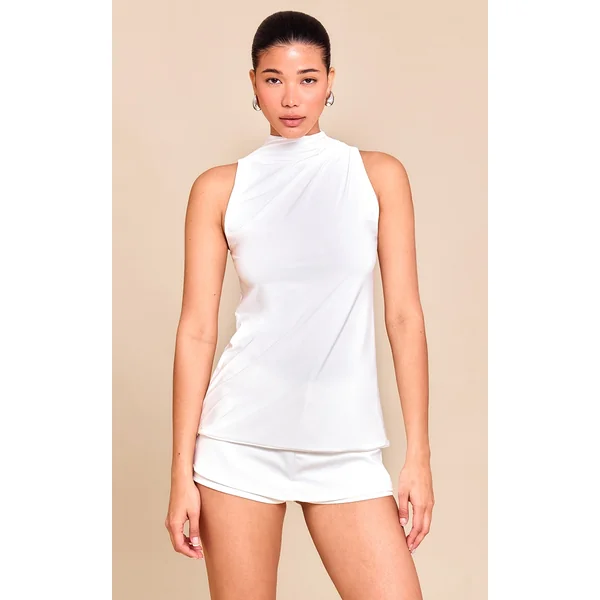 Cream Double Layer Slinky Drapey High Neck Top