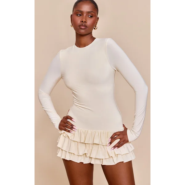 Cream Double Layer Slinky High Neck Long Sleeve Rara Skort Romper