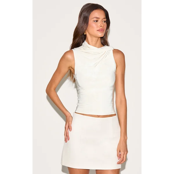 Cream Double Layer Slinky Neck Detail Long Top