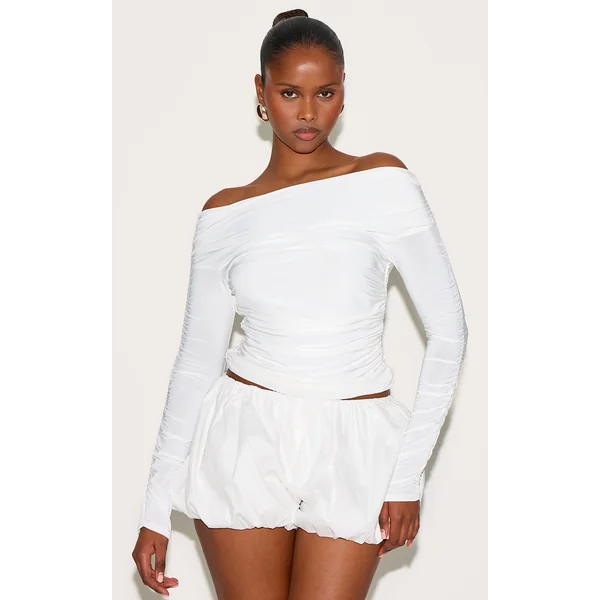 Cream Double Layer Slinky Ruched Detail Bardot Long Sleeve Top