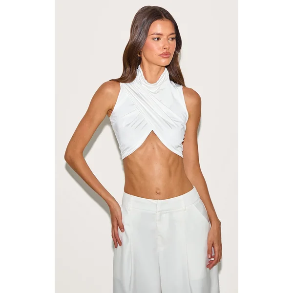 Cream Double Layer Slinky Ruched Ultra Crop Top