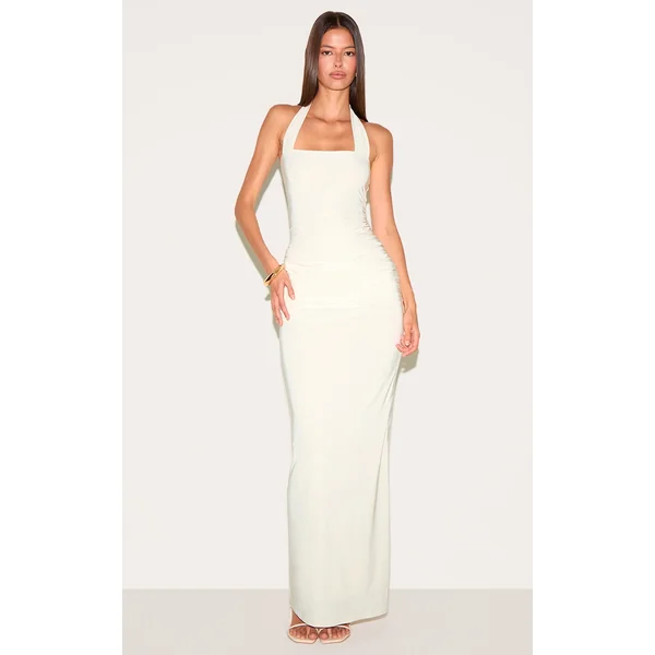 Cream Double Layer Slinky Square Halterneck Drape Detail Maxi Dress