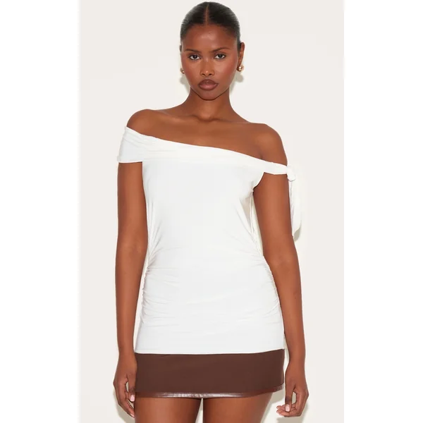 Cream Double Layer Slinky Tie Shoulder Bardot Long Top