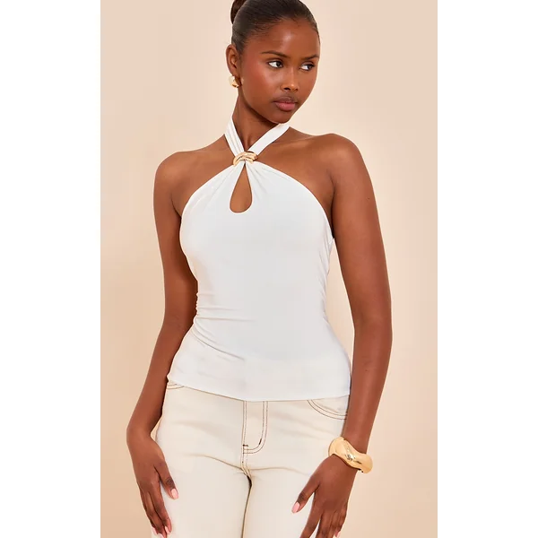 Cream Double Layer Slinky Trim Halter Neck Long Top