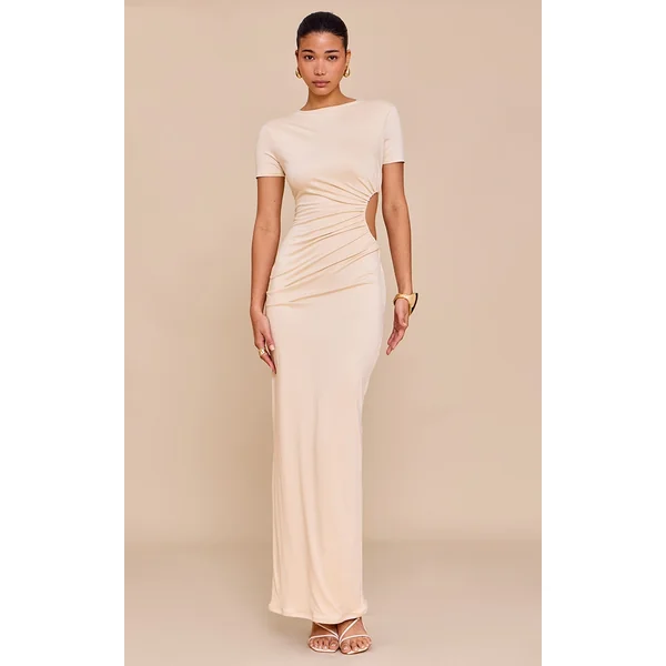 Cream Double Layer Soft Touch Cut Out Ruched Detail Maxi Dress