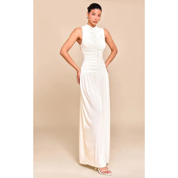 Cream Double Layer Soft Touch Drop Waist Ruched Maxi Dress