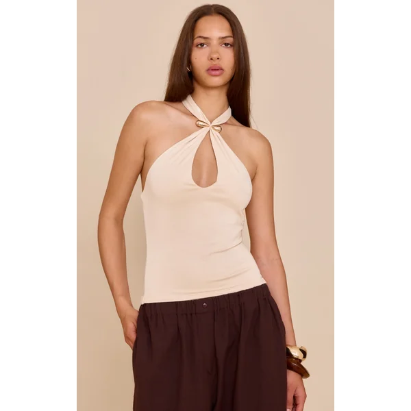 Cream Double Layer Soft Touch Trim Detail Halterneck Long Top