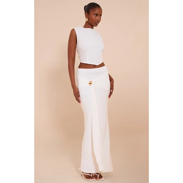 Cream Double Layer Trim Detail Slinky Maxi Skirt