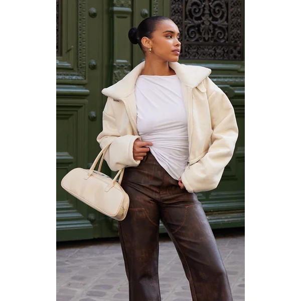 Cream Dropped Shoulder Cropped Fur Contrast Jacket