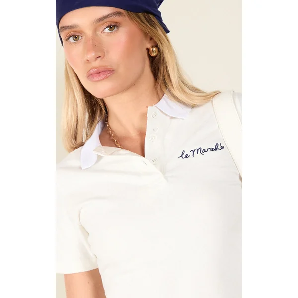 Cream Embroidered Le Marche Logo Fitted Polo Top