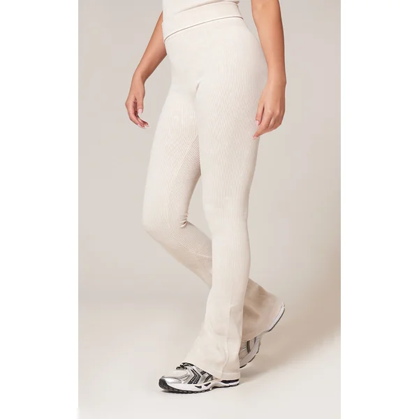 Cream Faded Snatched Rib Flared Folded Waist Pants