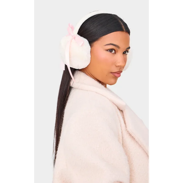 Cream Faux Fur Bow Detail Ear Muffs