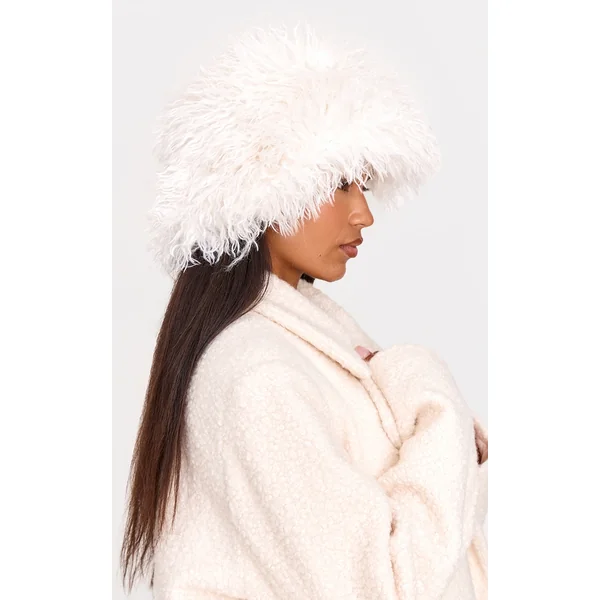 Cream Faux Fur Fluffy Slouch Bucket Hat