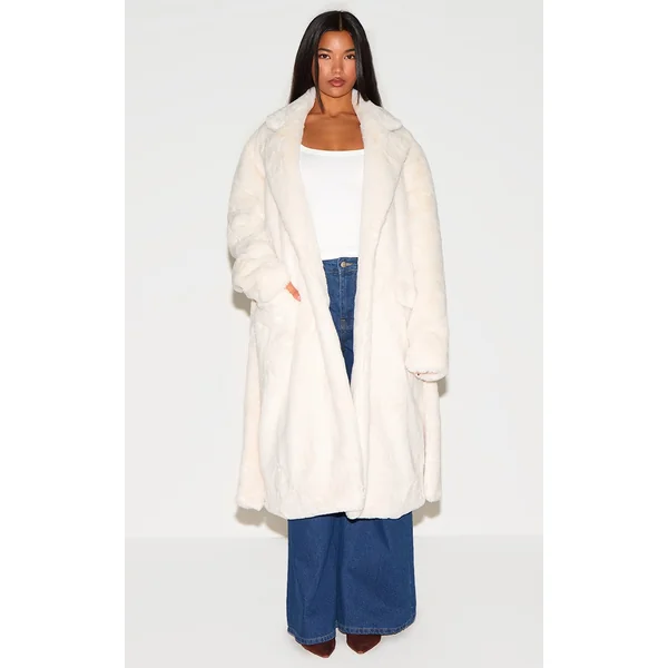 Cream Faux Fur Self Tie Oversized Coat