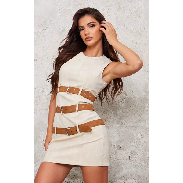 Cream Faux Leather Belted Bodycon Dress