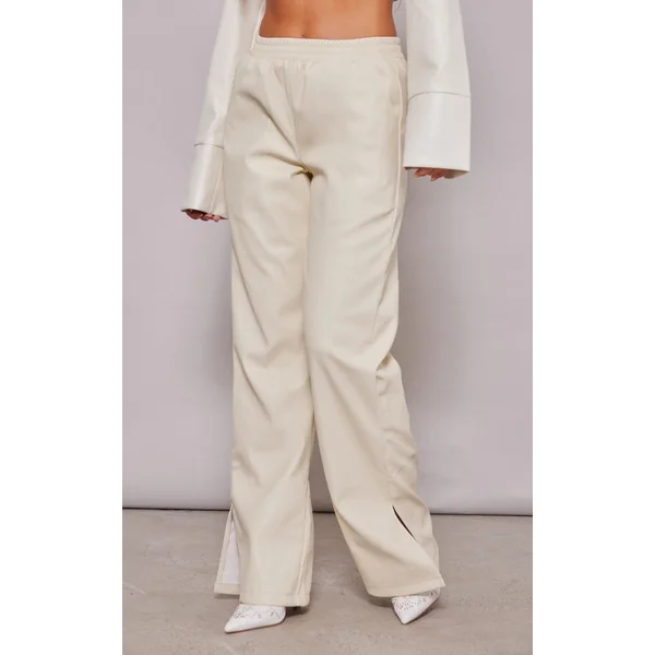 Cream Faux Leather Elasticated Waist Straight Leg Pants