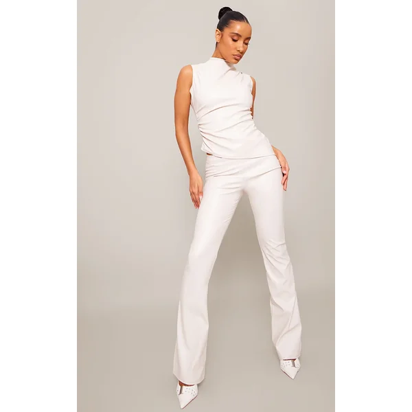 Cream Faux Leather High Waisted Flared Pants