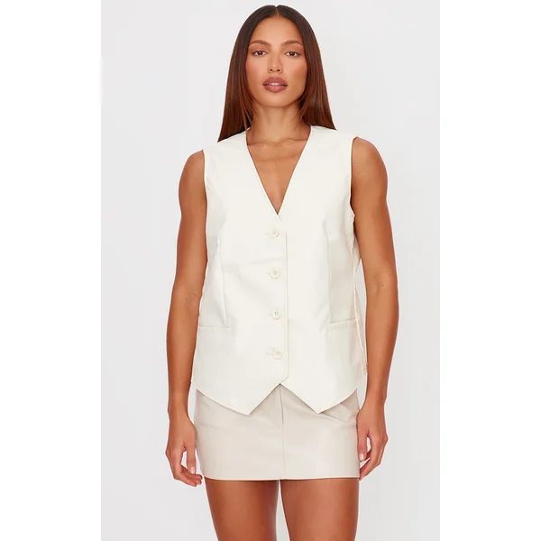 Cream Faux Leather Oversized Vest